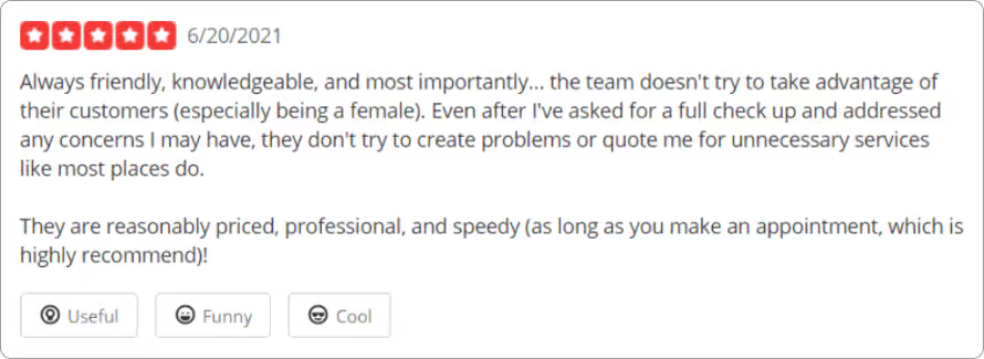 mechanic shop review on Yelp