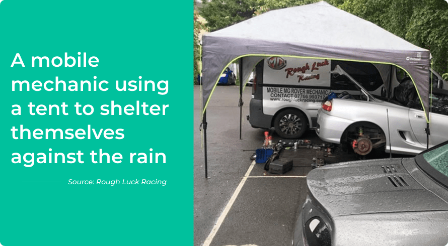 Mobile mechanic using a tent to shelter their equipment from the rain