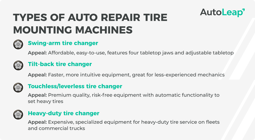 Types of auto repair tire mounting machines