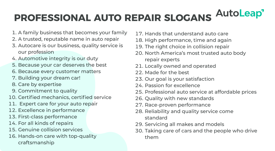 30 professional auto repair slogans.