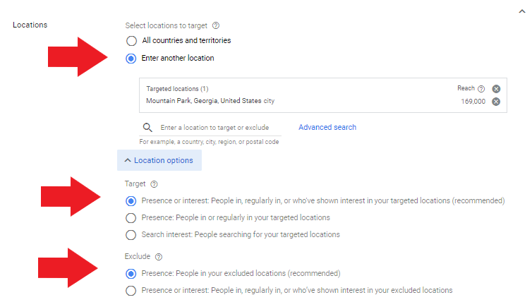 Screenshot of setting up location details