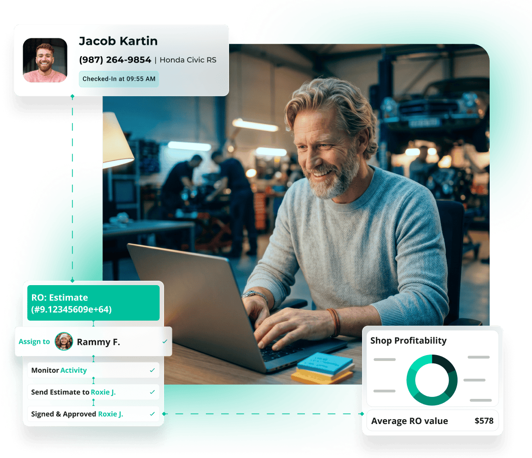 AutoLeap shop management dashboard showing work board, estimates, and customer messages